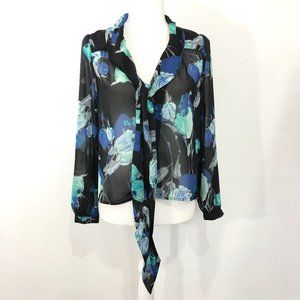 Bobeau Black Blue and Green Flowered Sheer Blouse